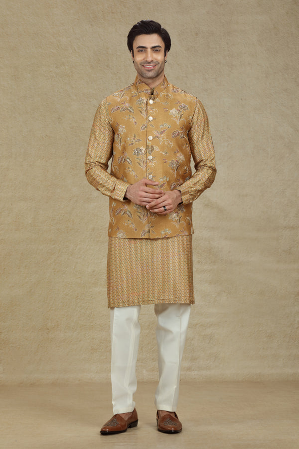 MUSTARD FLORAL PRINTED & EMBROIDERED BANDI KURTA SET #7989