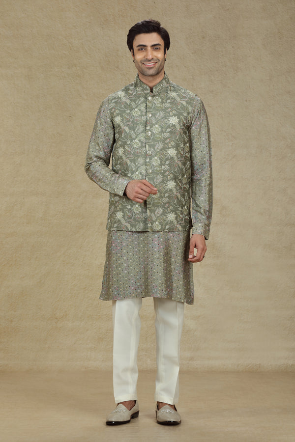 SAGE GREEN FLORAL PRINTED & EMBROIDERED BANDI KURTA SET #7990