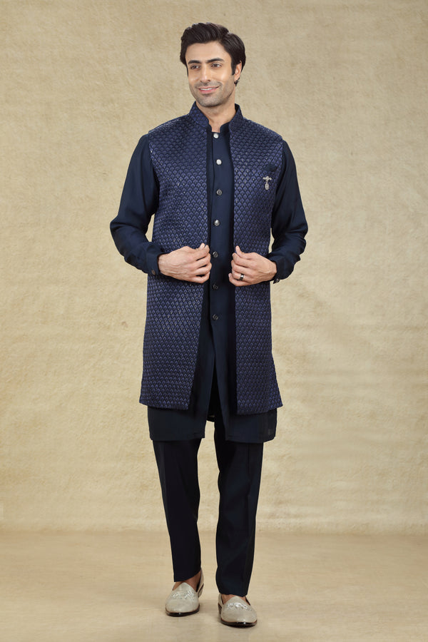 NAVY LONG OPEN STYLE EMBROIDERED BANDI KURTA SET #7994