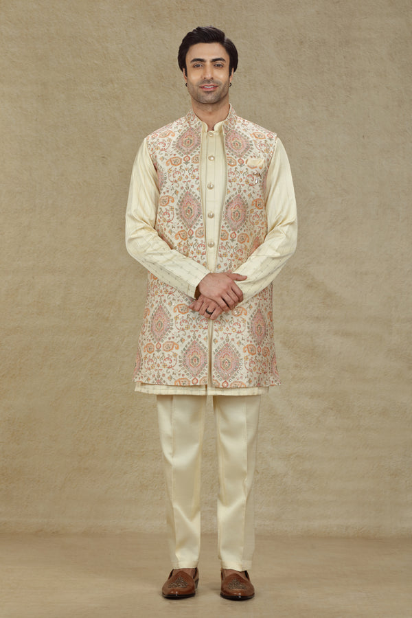 LIGHT BEIGE LONG OPEN STYLE EMBROIDERED BANDI KURTA SET #7997