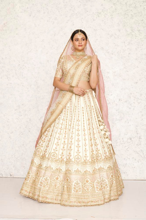 IVORY RAW SILK HAND EMBROIDERED LEHENGA SET WITH TWO DUPATTAS #8213