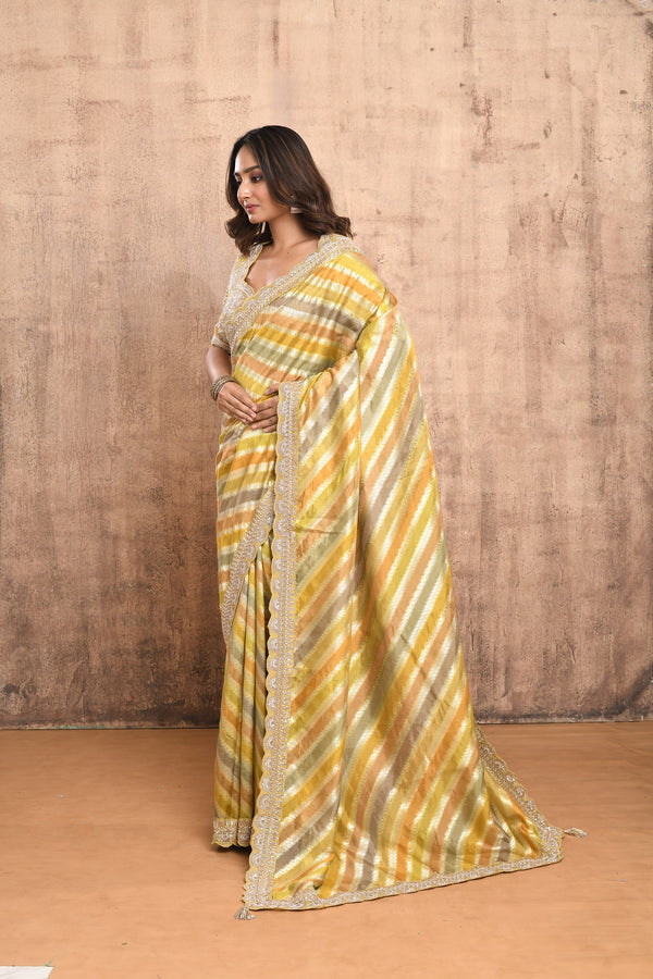 MULTI COLOR HAND EMBROIDERED BANARASI SILK SAREE WITH DESIGNER BLOUSE #7913