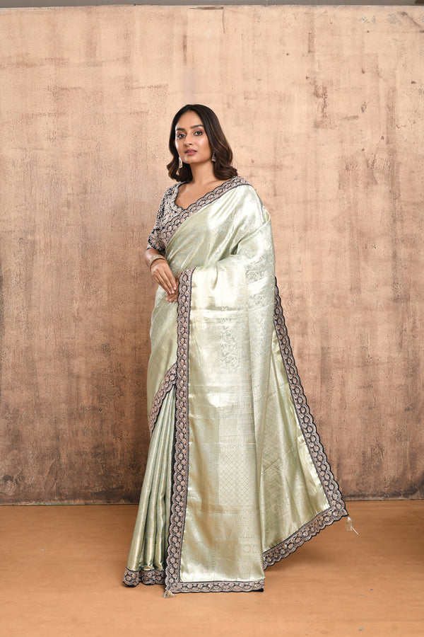 MINT HAND EMBROIDERED/ WOVEN BANARASI SILK  SAREE WITH CONTRAST NAVY BLUE DESIGNER BLOUSE #7922