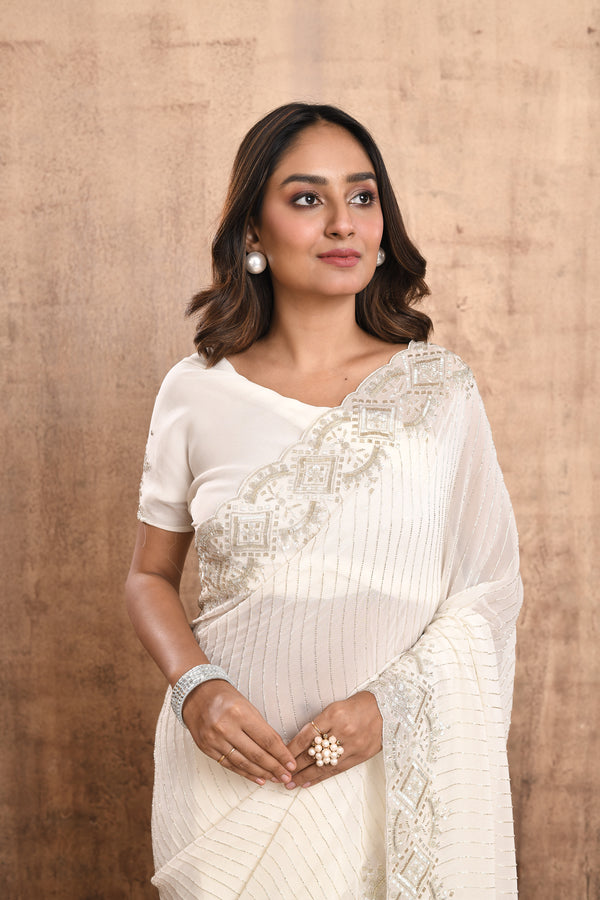 IVORY GEORGETTE SILK SAREE WITH SILVER HAND EMBROIDERY #7911