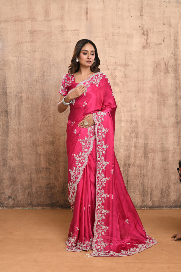 FUSCIA PINK HAND EMBROIDERED FLORAL MOTIF SATIN SILK SAREE #7908