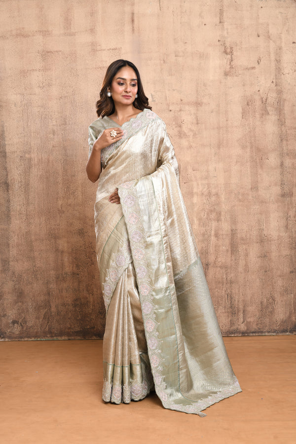 LIGHT BEIGE GOLD & PASTEL BANARASI TISSUE SILK SAREE #7920