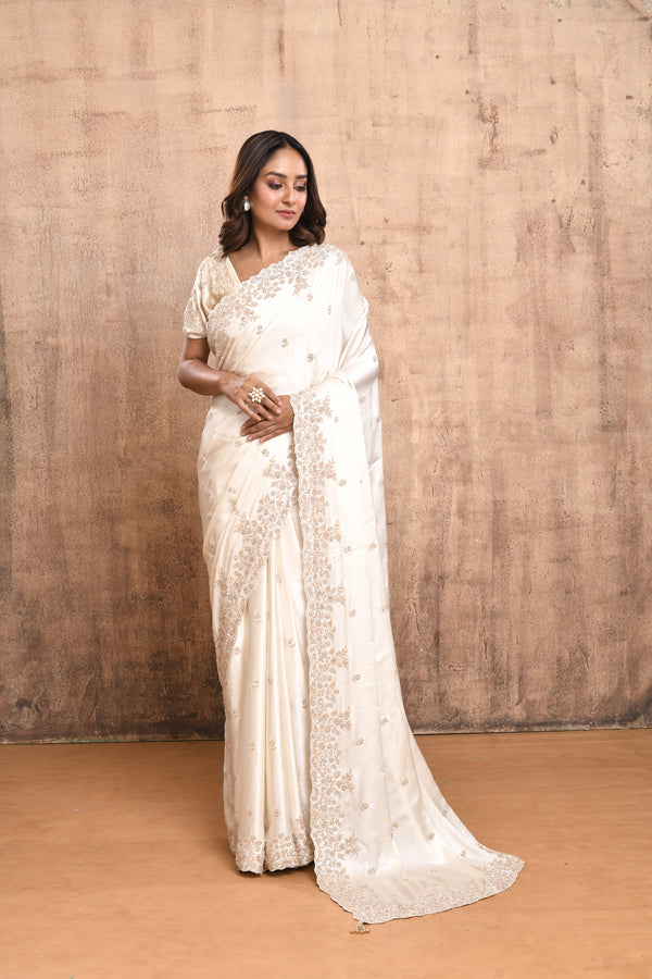 IVORY SATIN SILK SAREE WITH GOLD HAND EMBROIDERY #7919