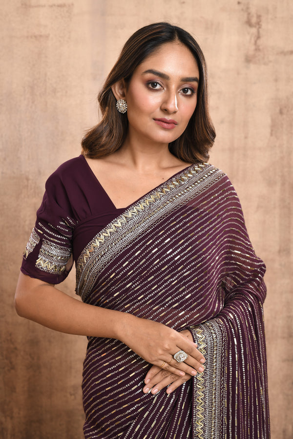 WINE SEQUINS EMBROIDERED SAREE #7898