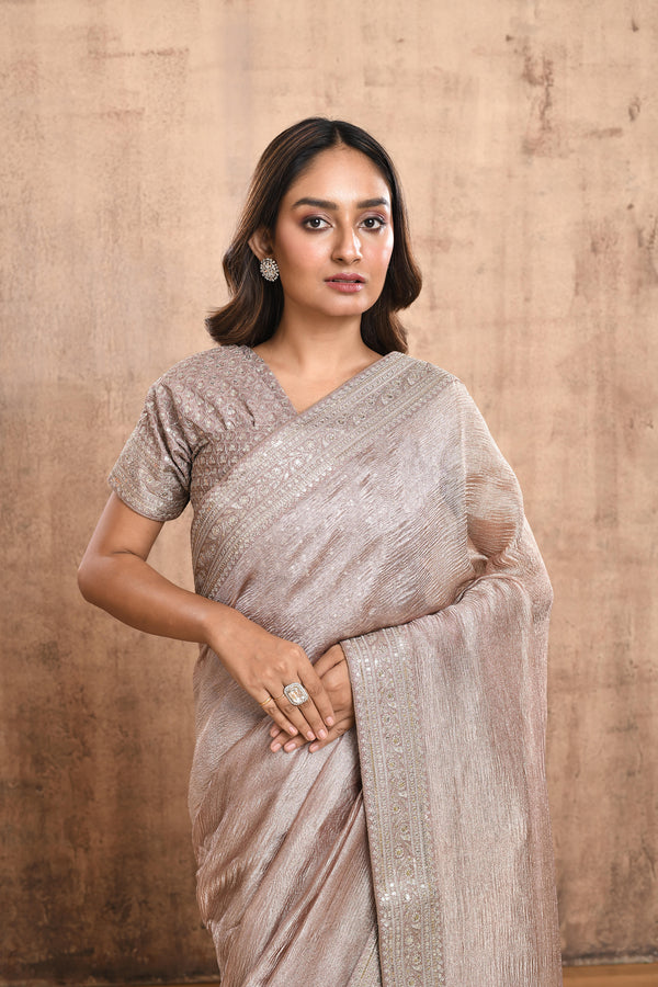 ROSE GOLD CRUSHED TISSUE SILK SAREE #7864