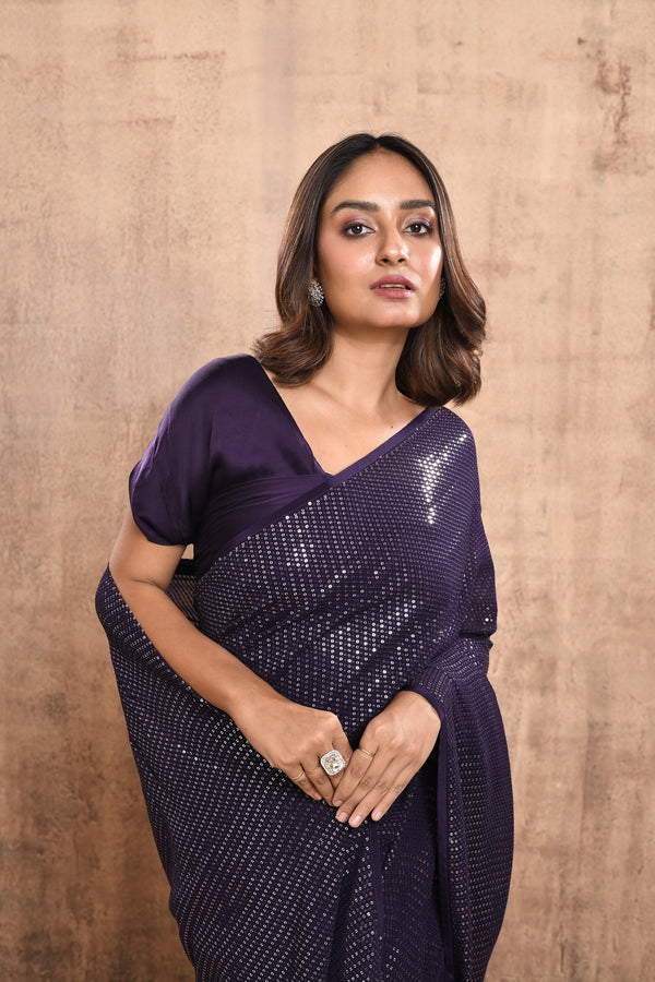 DARK LILAC SEQUINS EMBROIDERED SAREE #7887