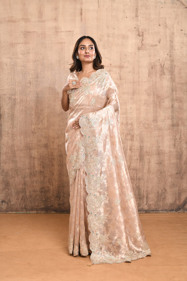 PEACH TISSUE SILK HAND EMBROIDERED SAREE #7921