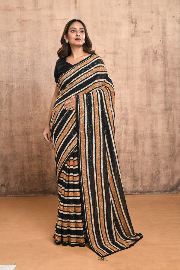 BLACK MULTI COLOR SEQUINS HEAVILY EMBROIDERED SAREE #7914
