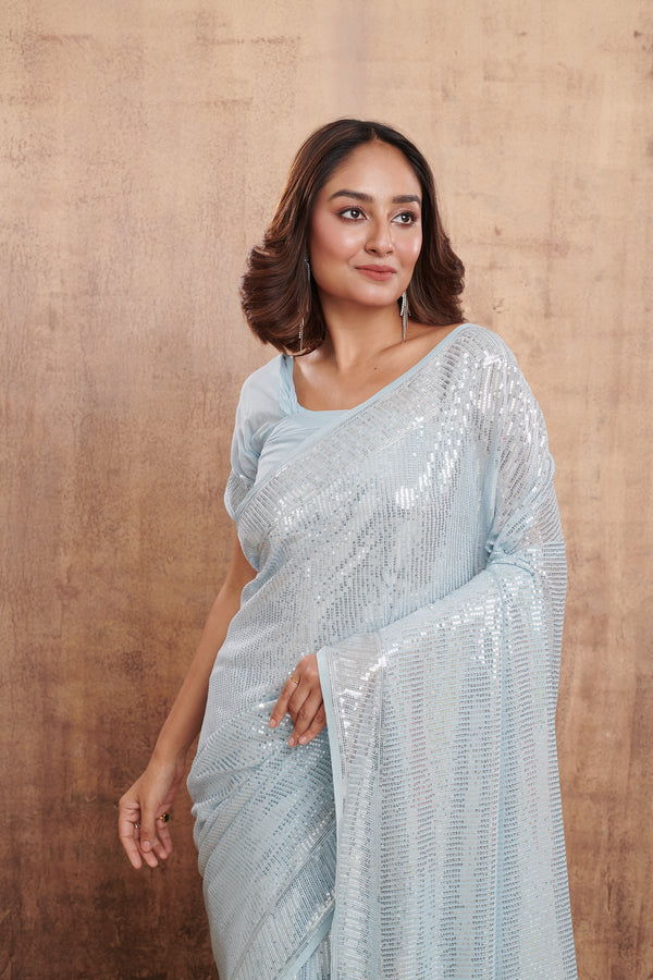 DUSTY GREYISH BLUE SEQUINS EMBROIDERED SAREE #7872