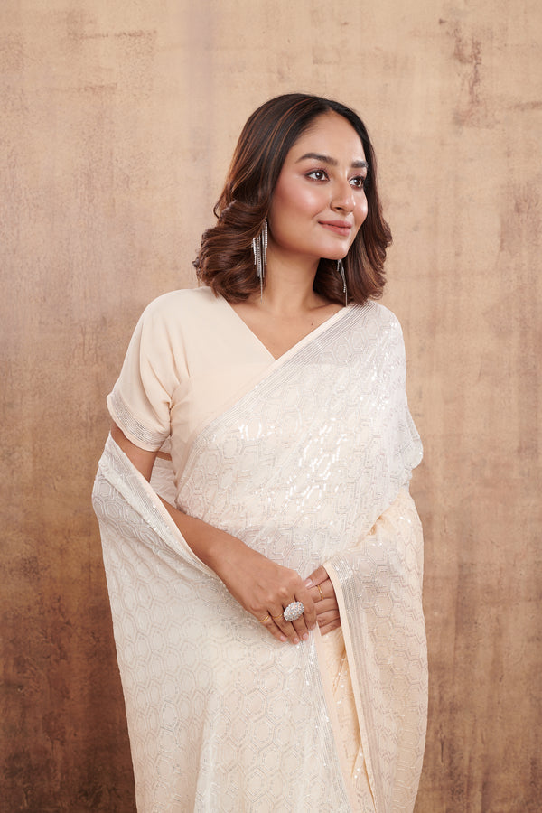 IVORY SEQUINS EMBROIDERED SAREE #7875