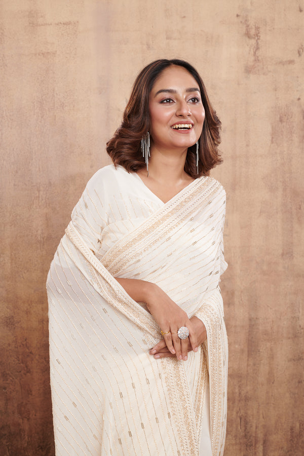 IVORY GEORGETTE SILK SAREE WITH GOLD HAND EMBROIDERY #7896