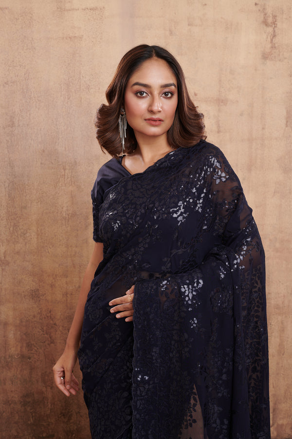 BLACK TONE ON TONE SEQUINS EMBROIDERED SAREE #7878