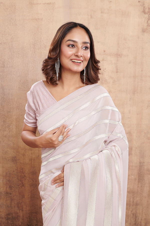 SOFT PINK GEORGETTE SAREE WITH STRIPE DESIGN #7880