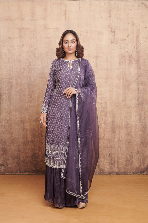 DARK LILAC HAND EMBROIDERED SHARARA SUIT SET  #8287