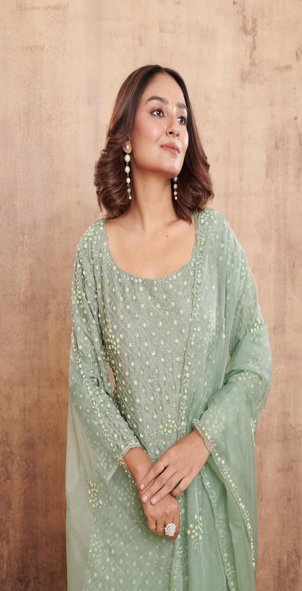 SAGE GREEN SILK HAND EMBROIDERED SHARARA SUIT SET #8295