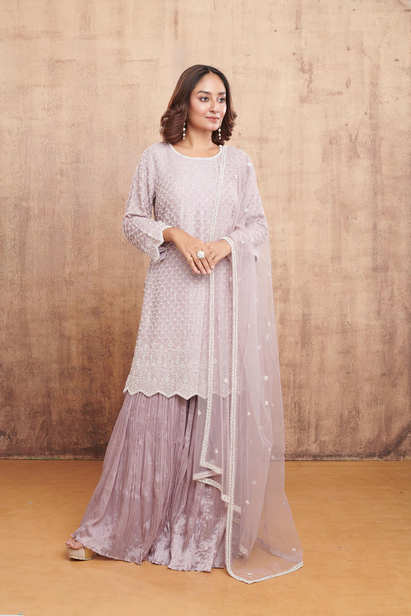 DUSTY LILAC HAND EMBROIDERED GHARARA SUIT SET #8288