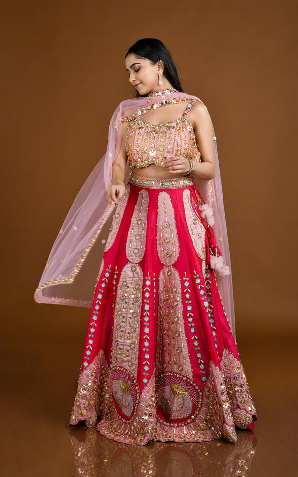 SOFT/ HOT PINK CONTRAST MULTI COLOR  HAND EMBROIDERED LEHENGA SET #8150