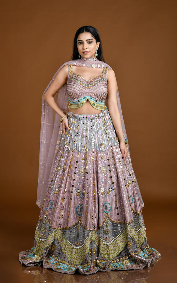 MAUVE & GREY MULTI COLOR HAND EMBROIDERED LEHENGA SET #8151