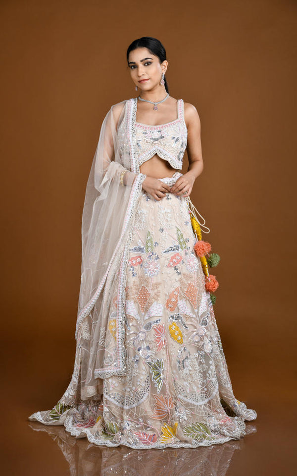 IVORY BEIGE HAND EMBROIDERED LEHENGA SET #8155