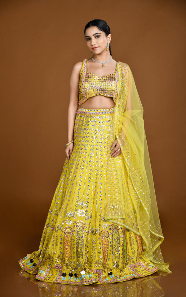 YELLOW MULTI COLOR HAND EMBROIDERED LEHENGA SET #8149