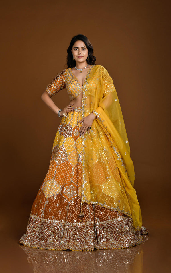 RUST ORANGE & YELLOW BANARASI SILK HAND EMBROIDERED LEHENGA SET #7851
