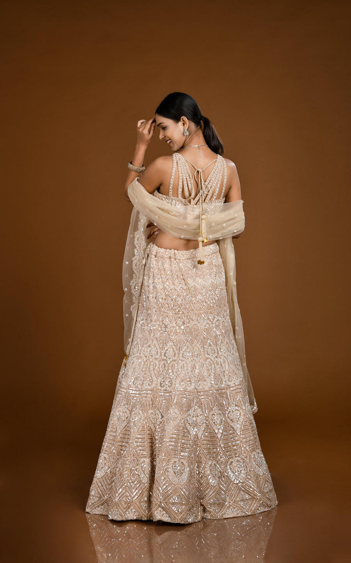 Beige Gold Hand Embroidered Tone On Tone Mermaid Style Lehenga Set #7814 Beige Gold Hand Embroidered Tone On Tone Mermaid Style Lehenga Set #7814