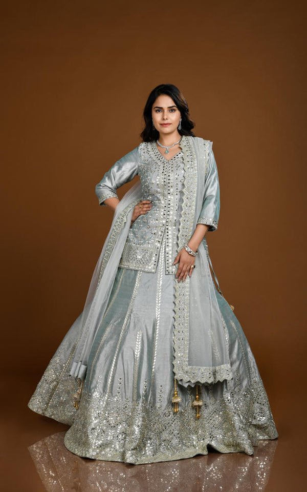 GREY SAGE RAW SILK HAND EMBROIDERED LONG TOP LEHENGA SUIT SET #7854