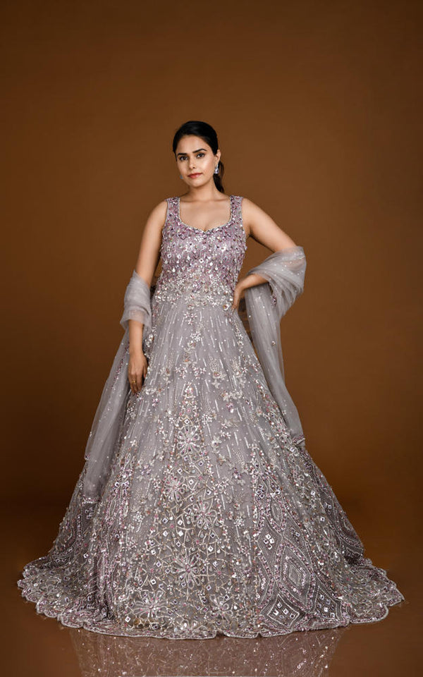 GREY FLORAL MOTIF ANARKALI GOWN SET #7846