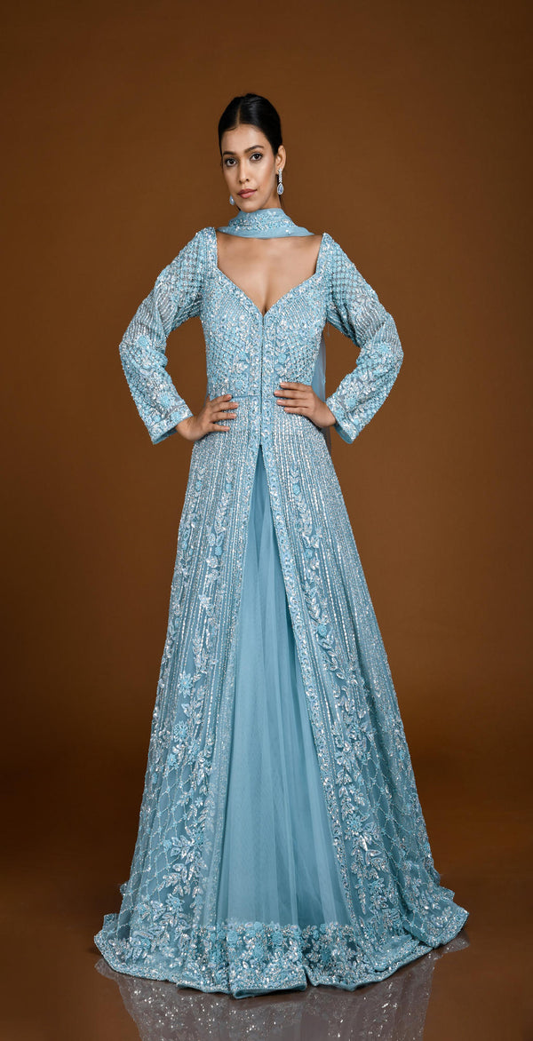 POWDER BLUE PEARL & SEQUINS HAND EMBROIDERED FRONT SLIT JACKET LEHENGA SET #7841