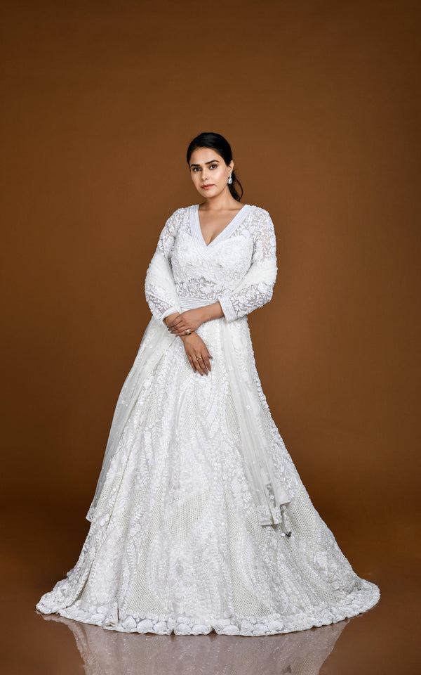 WHITE IVORY TONE ON TONE HAND EMBROIDERED ANARKALI GOWN SET #7849
