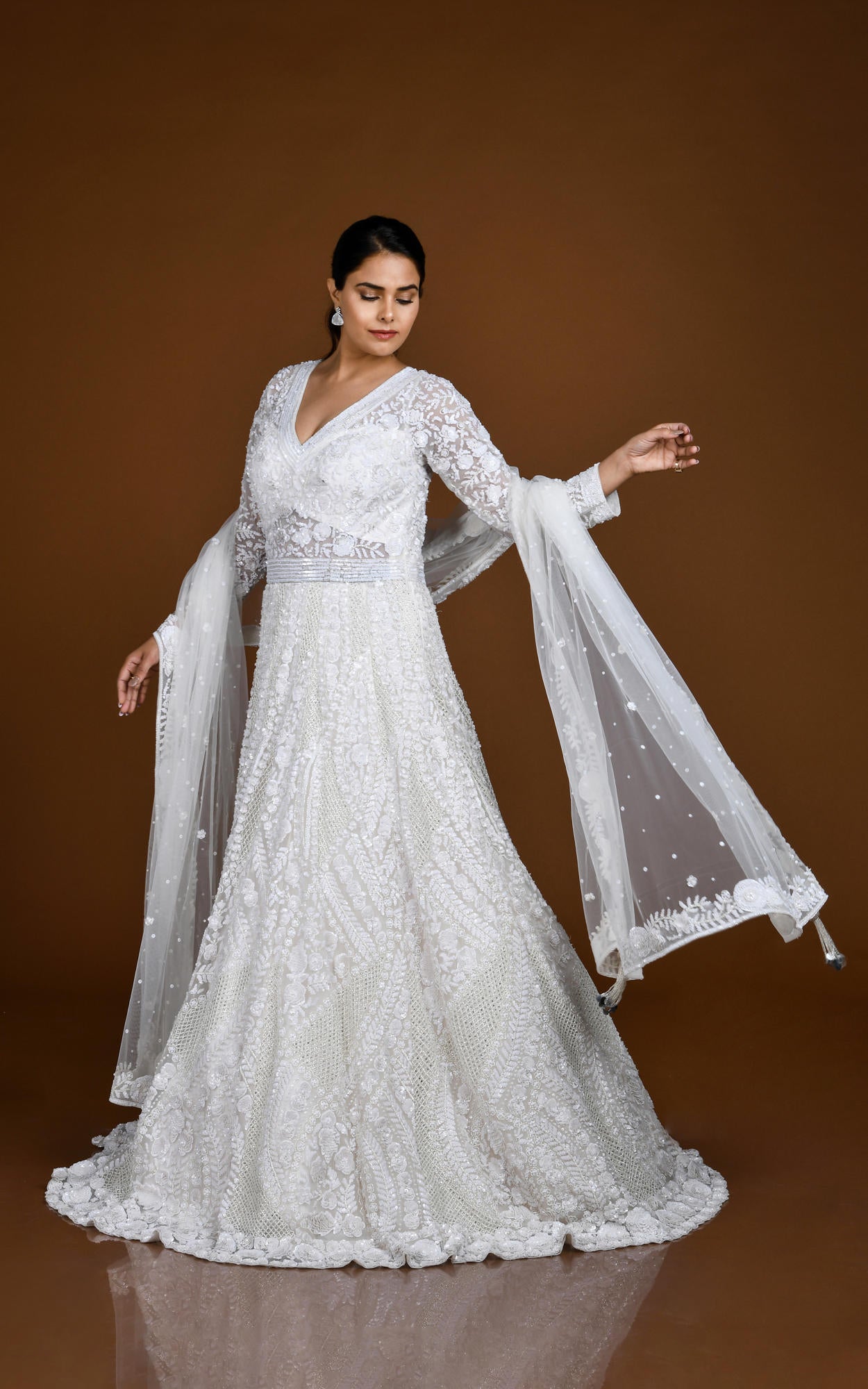 White IVORY TONE ON TONE HAND EMBROIDERED ANARKALI GOWN SET #7849