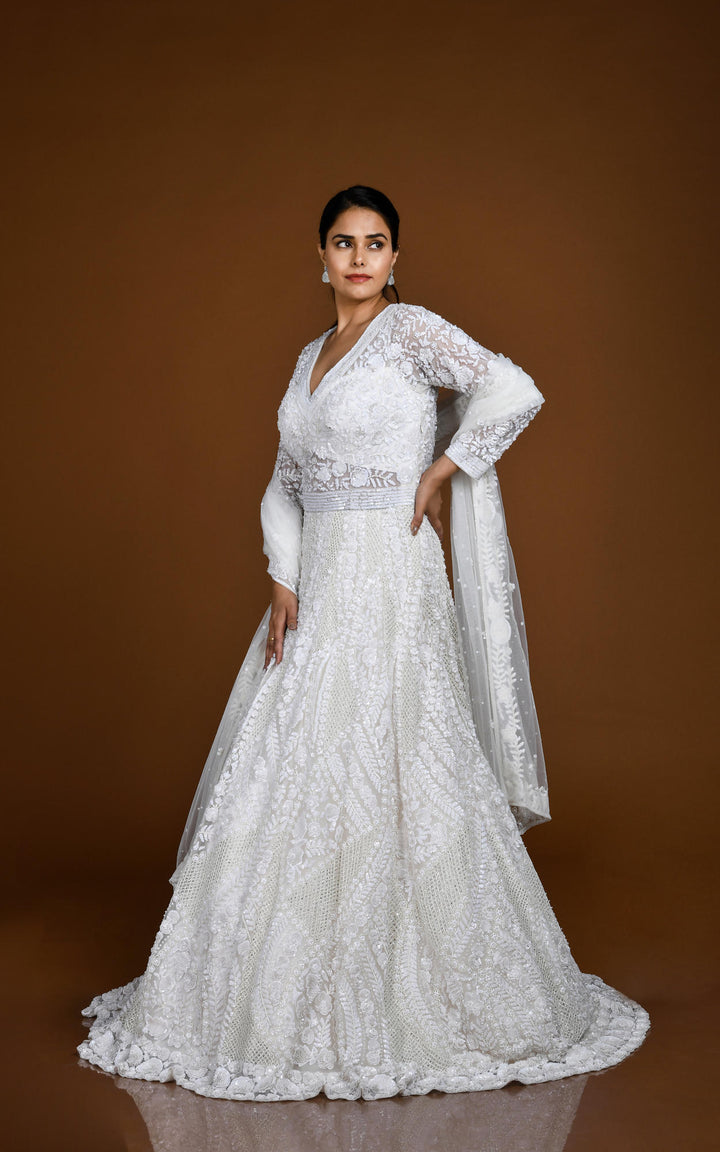 White Ivory Tone On Tone Hand Embroidered Anarkali Gown Set #7849 White Ivory Tone On Tone Hand Embroidered Anarkali Gown Set #7849