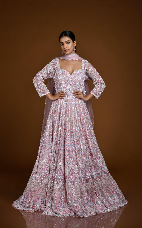 SOFT PINK PASTEL HAND EMBROIDERED ANARKALI GOWN SET #7850