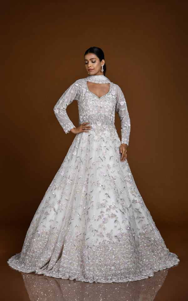 WHITE IVORY PASTEL FLORAL MOTIFS HAND EMBROIDERED ANARKALI GOWN SET #7844