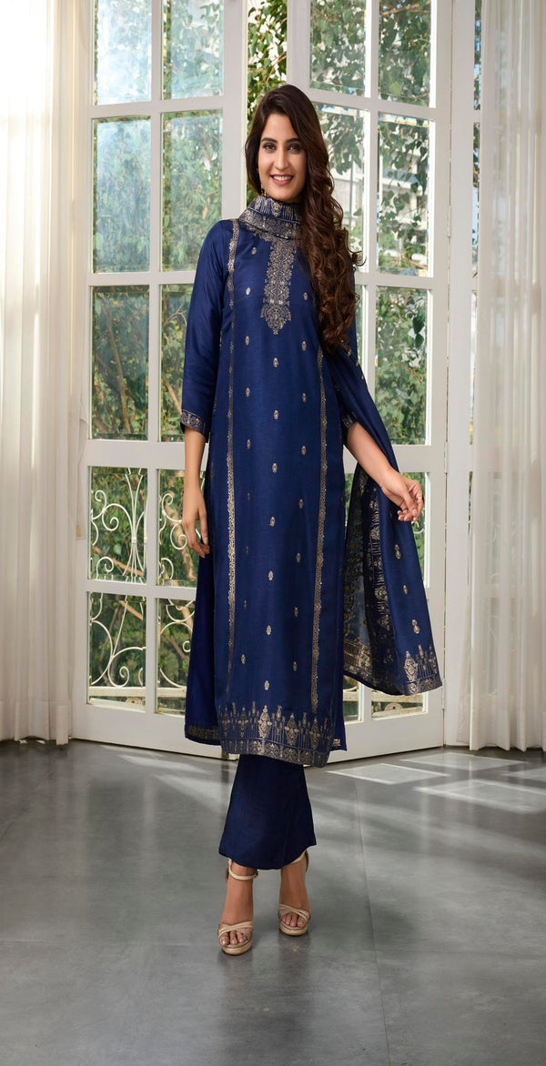 NAVY BLUE BANARASI BROCADE STRAIGHT PANT SUIT SET #8114