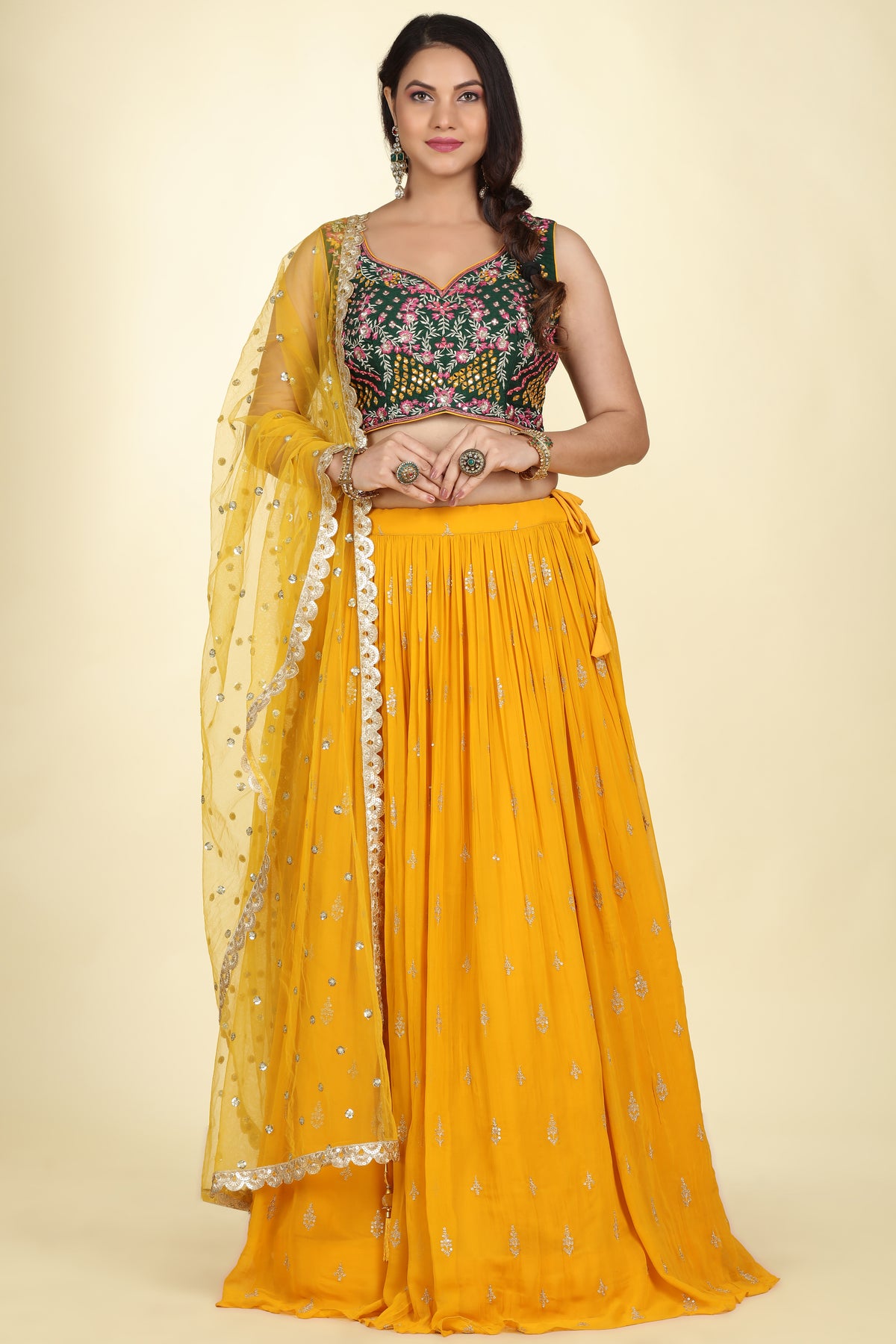 Mustard-Green Silk Embroidered Lehenga Set Design by SURBHI SHAH at  Pernia's Pop Up Shop 2024