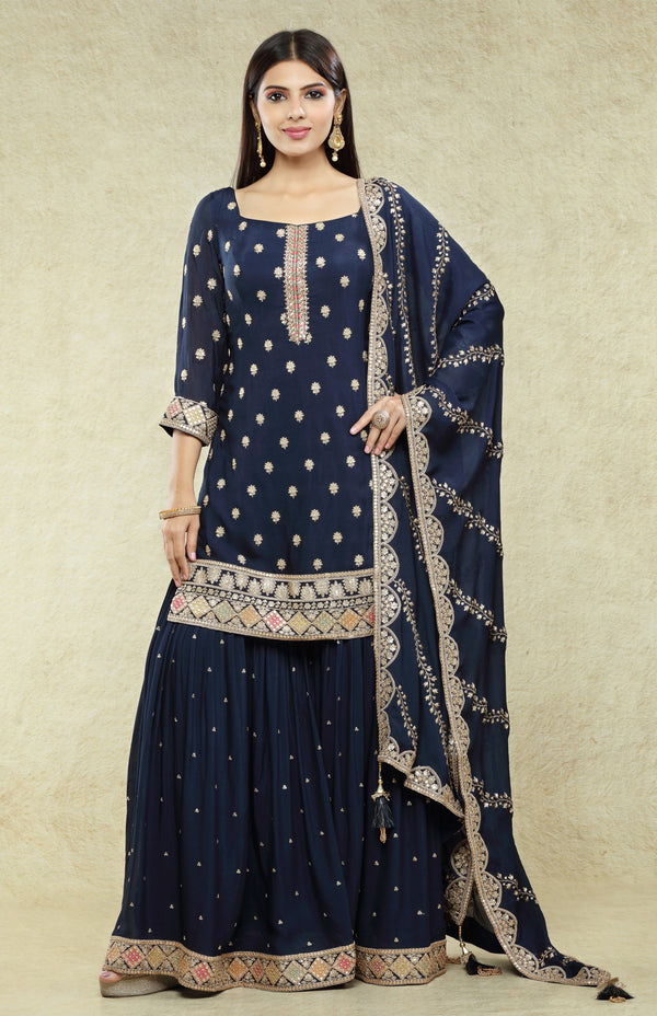 Navy Blue Chinnon Sharara Suit Set #6994