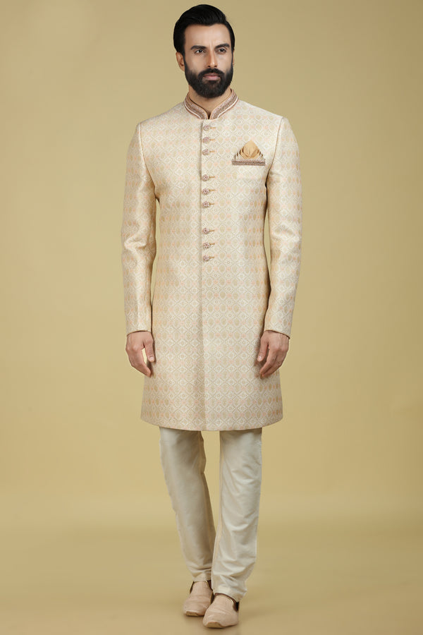 Cream and Salmon Pink Brocade Silk Sherwani Set