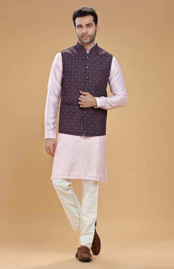 WINE & PALE PINK THREADWORK BANDI KURTA SET #7464
