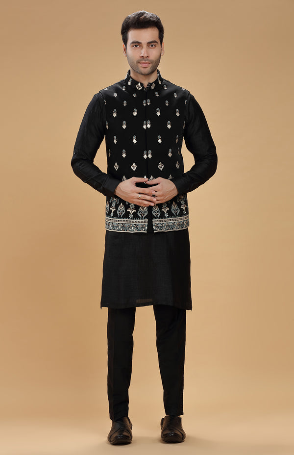 ALL BLACK LEATHER APPLIQUÉ BANDI KURTA SET #7460