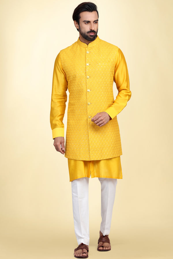 Mustard Yellow Long Bandi Kurta Set
