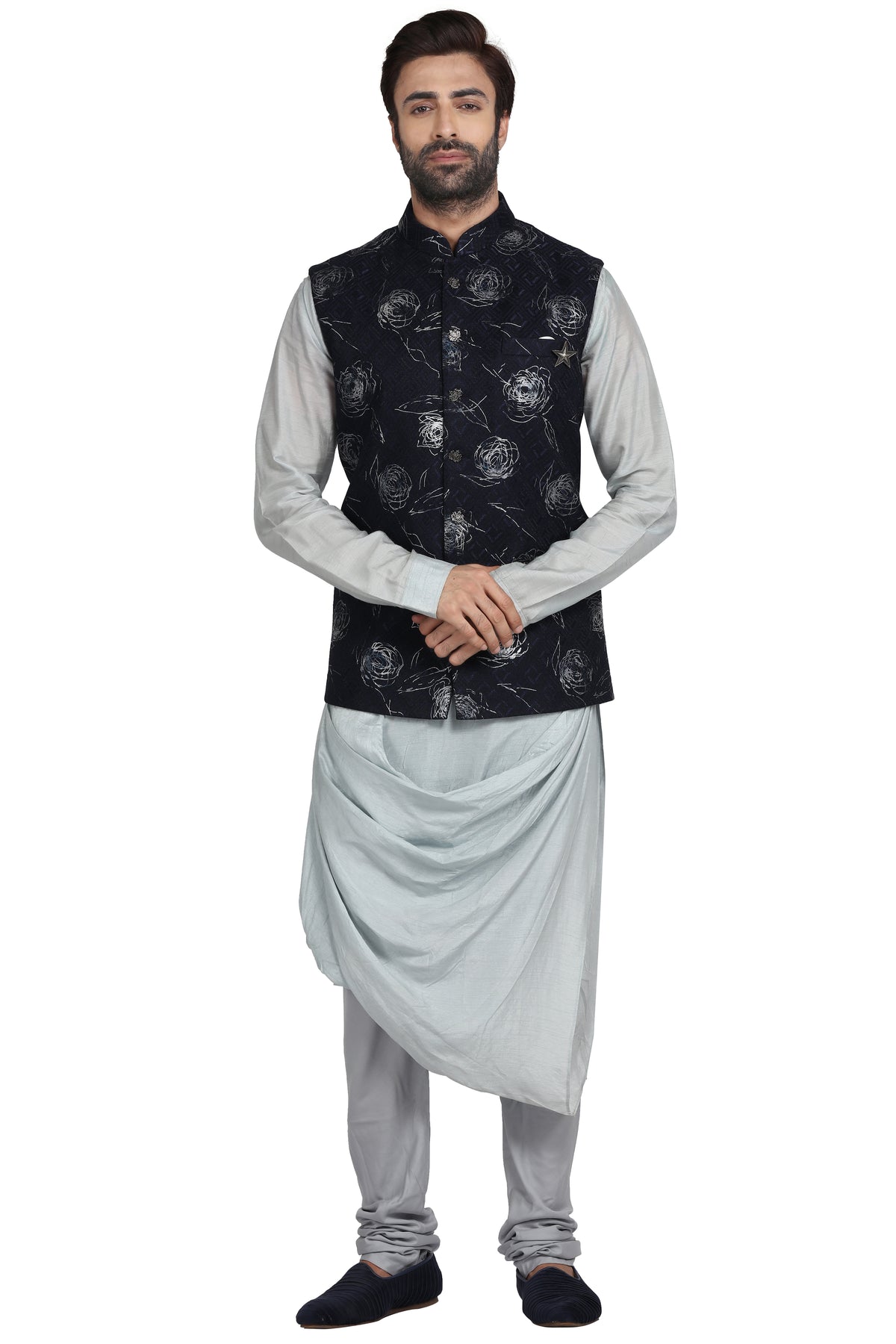 Navy and Grey Cowl Style Printed Bandi Kurta Set Shehnai Bridal